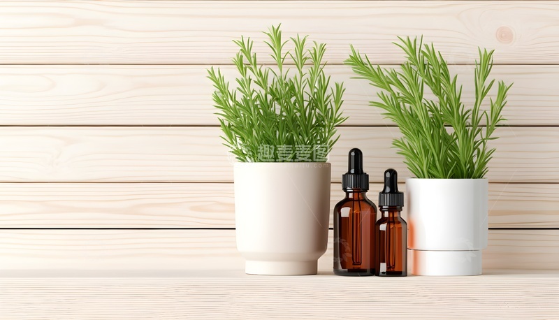 高清大图下载【趣麦麦图】浅色木纹背景迷迭香盆栽