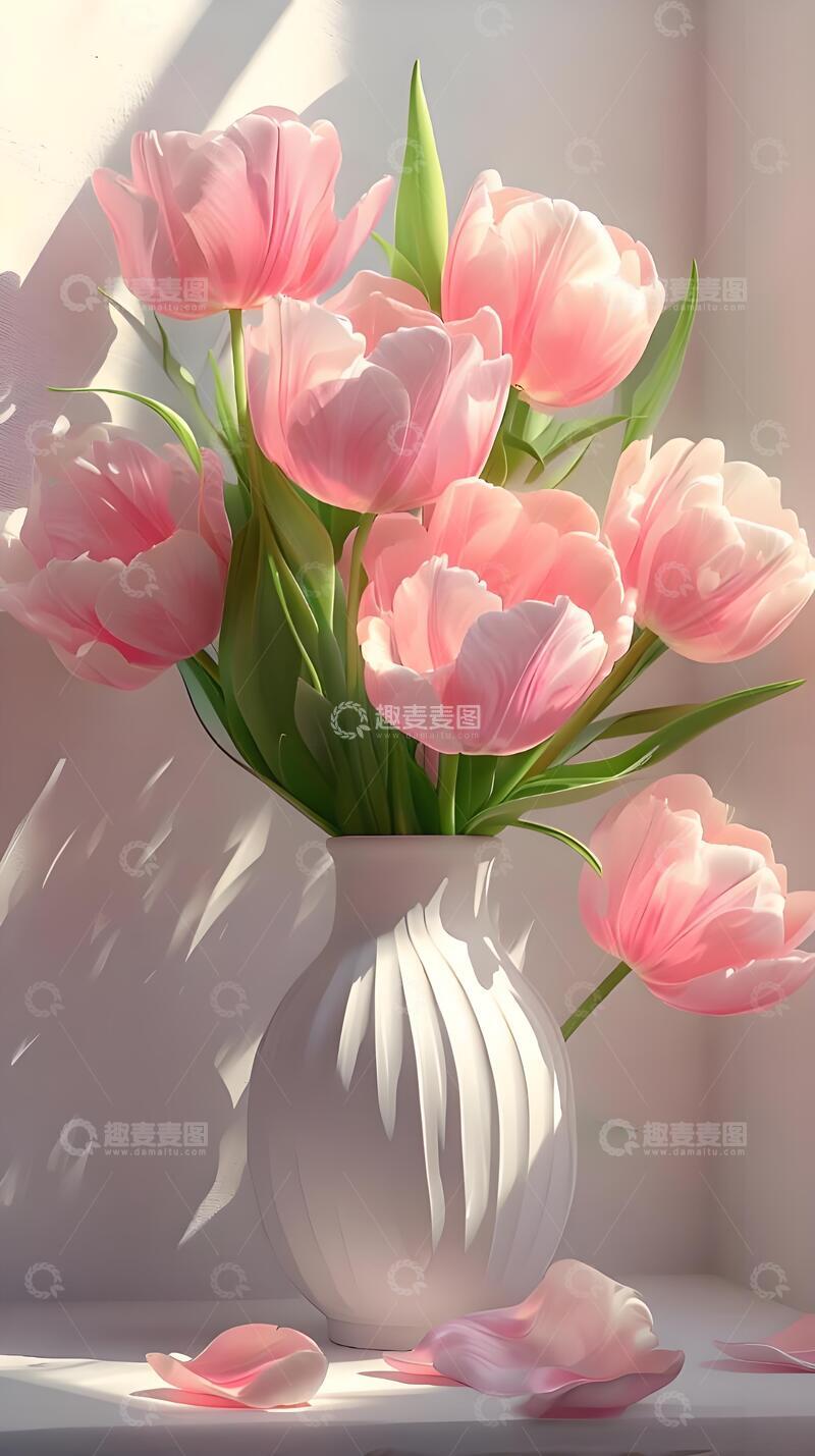 高清大图下载【趣麦麦图】夏天治愈系粉白风郁金香桌面壁纸