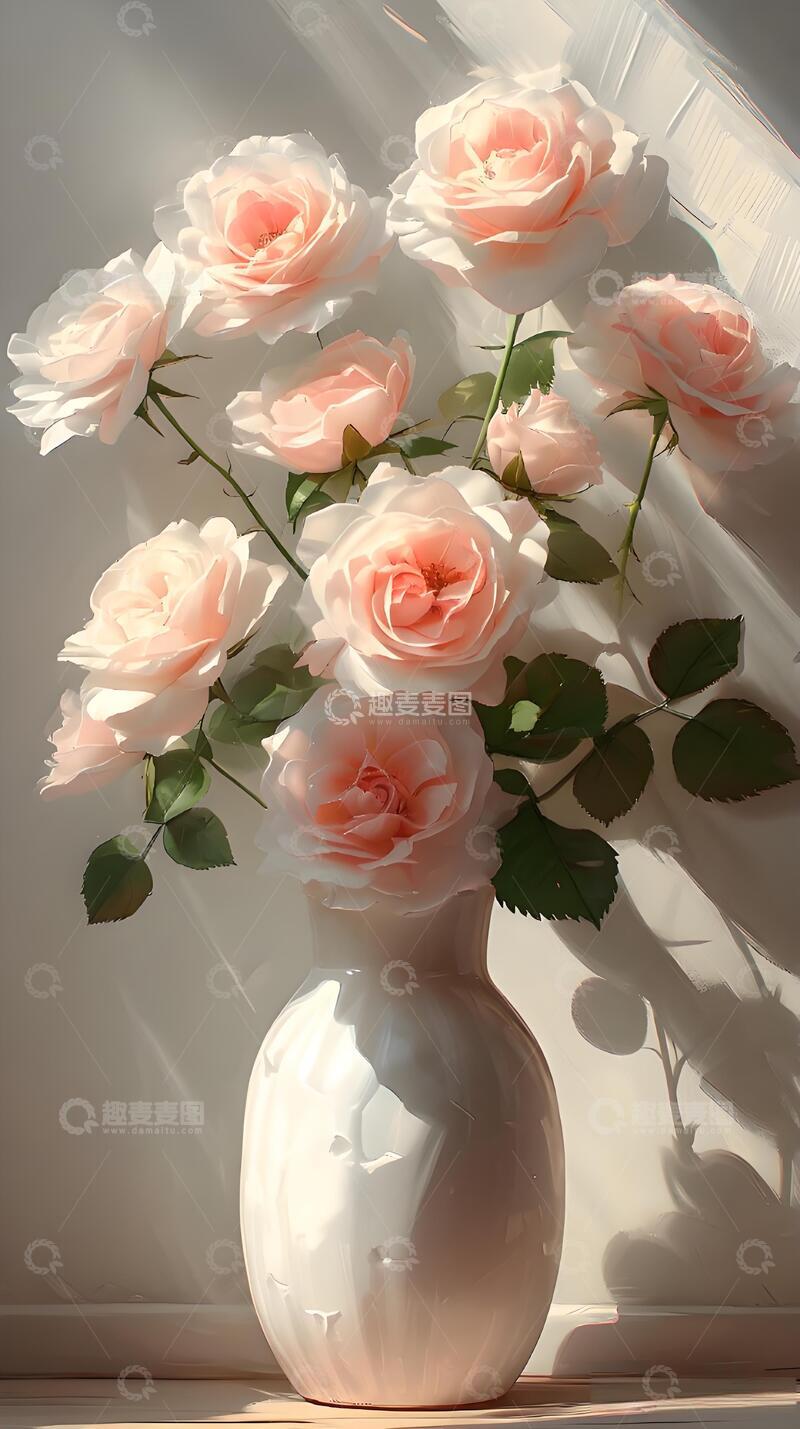 高清大图下载【趣麦麦图】夏天手绘风治愈系粉白玫瑰美图