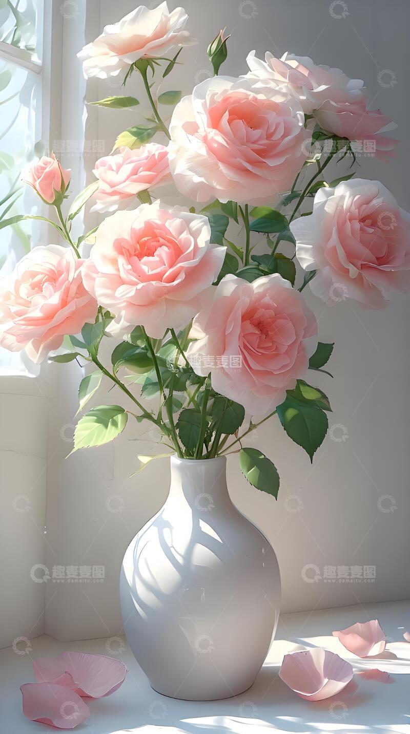 高清大图下载【趣麦麦图】夏天手绘风治愈系粉白玫瑰屏保