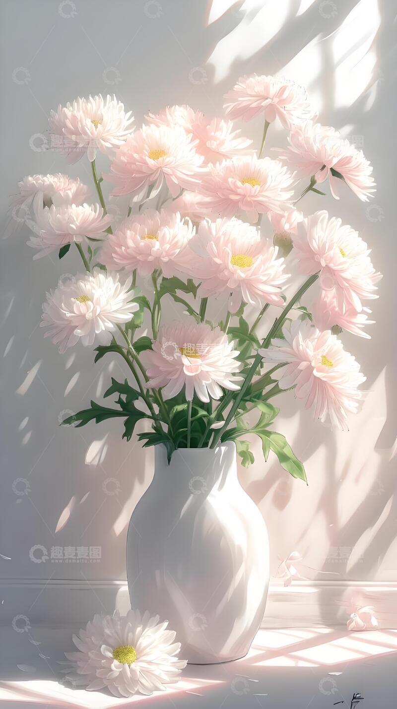 高清大图下载【趣麦麦图】夏天治愈系手绘粉白菊花背景图