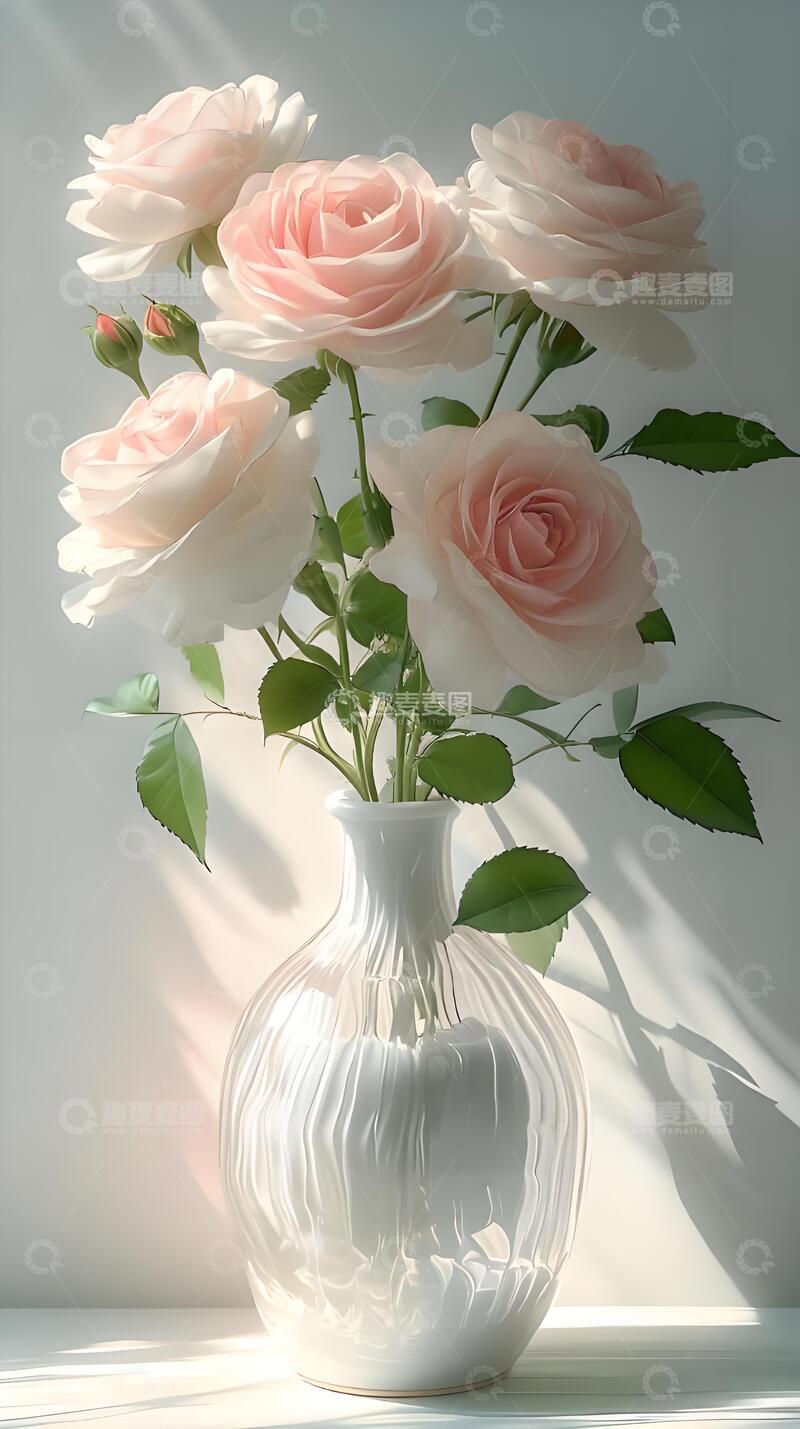 高清大图下载【趣麦麦图】夏天手绘风治愈系粉白玫瑰桌面壁纸