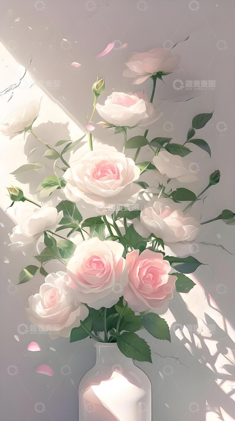 高清大图下载【趣麦麦图】夏天手绘风治愈系粉白玫瑰壁纸