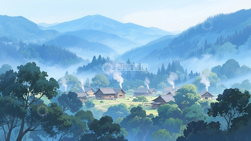 高清大图下载【趣麦麦图】山乡晨雾炊烟图壁纸