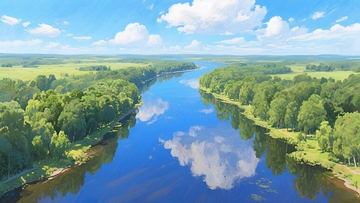 河湾绿野映云影壁纸