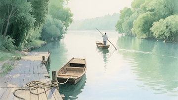 水乡泊舟撑篙景壁纸
