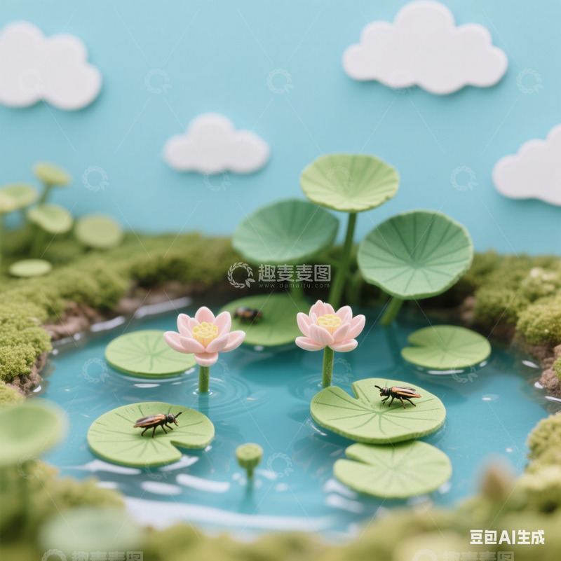 高清大图下载【趣麦麦图】荷花 昆虫 荷叶 池塘 卡通