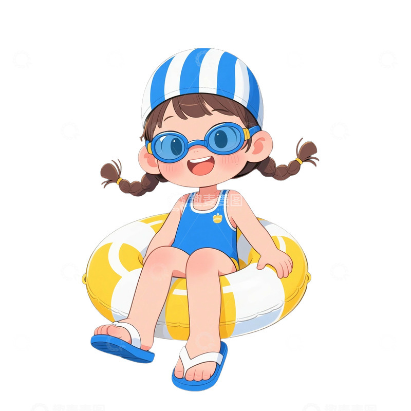高清大图下载【趣麦麦图】可爱卡通女孩和游泳圈免抠元素123