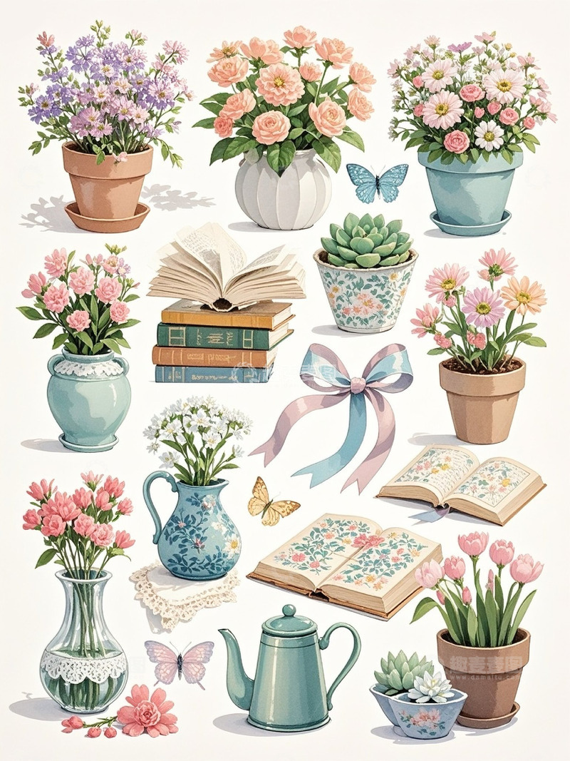 高清大图下载【趣麦麦图】手绘水彩风格盆栽花朵贴纸手帐元素1