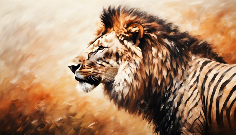 高清大图下载【趣麦麦图】艺术画作中雄狮侧像写实图