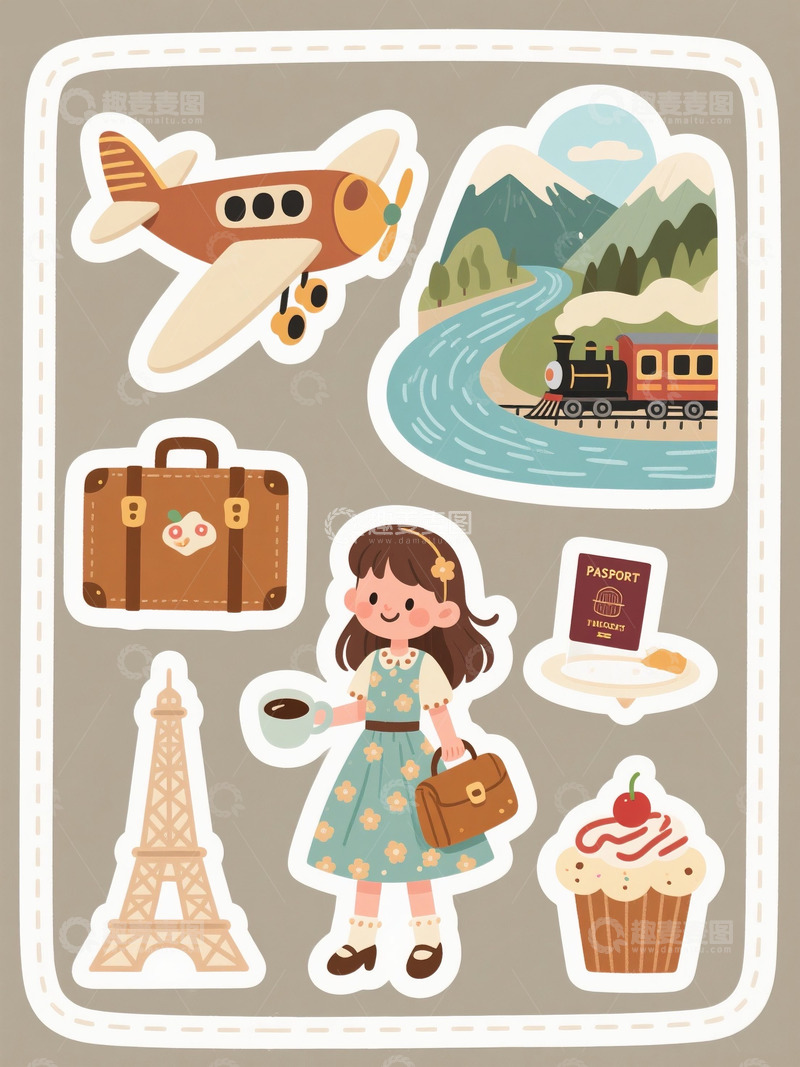 高清大图下载【趣麦麦图】卡通飞机旅行人物风景贴纸手帐元素1