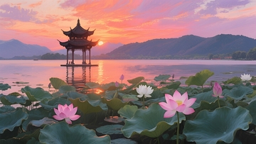荷畔暮亭映霞辉壁纸