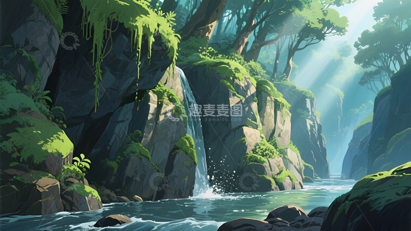 高清大图下载【趣麦麦图】峡谷瀑流沐晨光壁纸