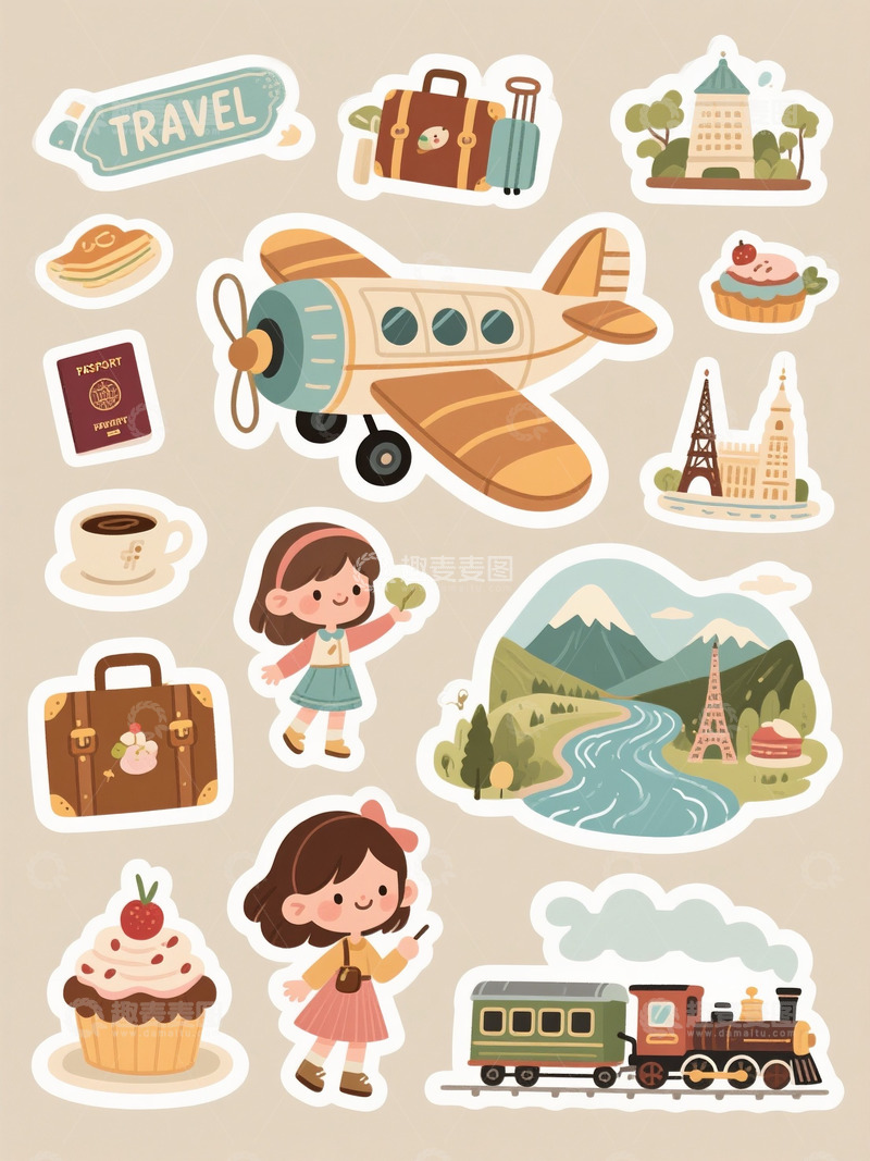 旅行元素卡通手绘贴纸