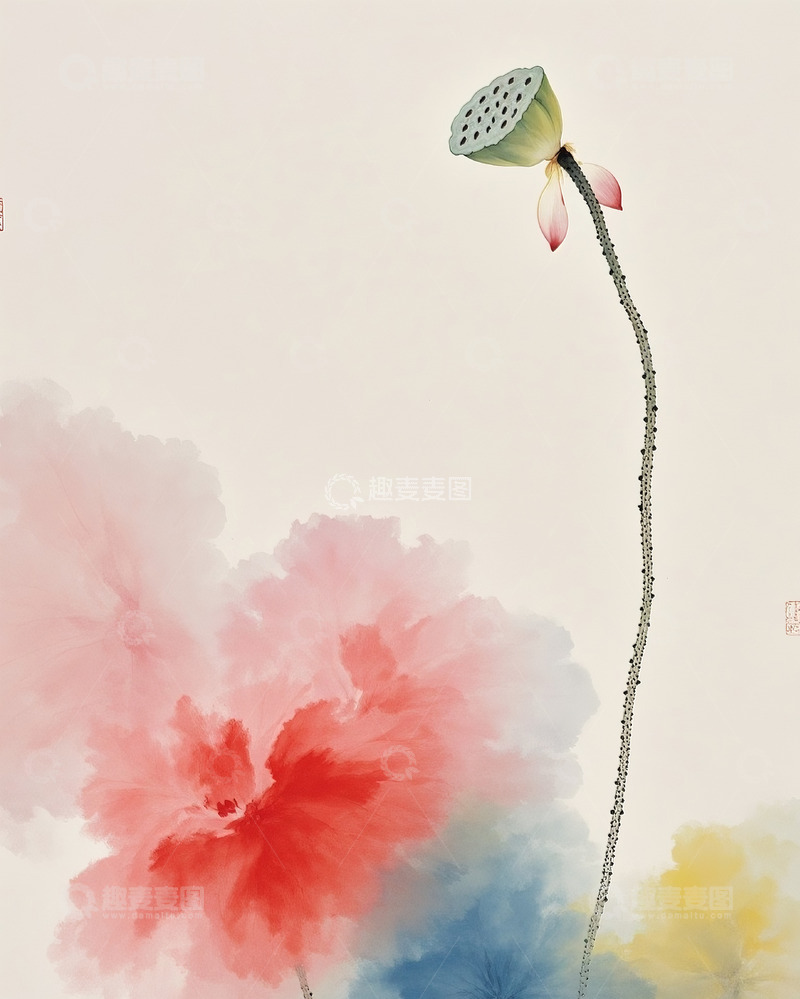 高清大图下载【趣麦麦图】水彩中式荷花素材图片