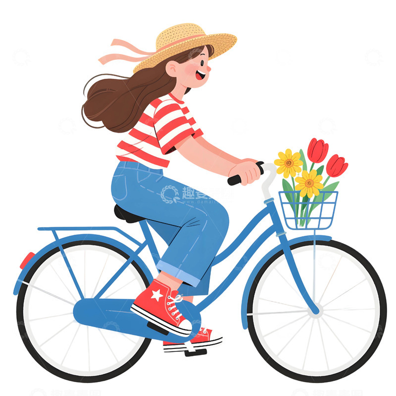 高清大图下载【趣麦麦图】女孩骑行插画素材y