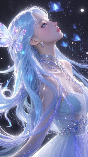 唯美蝴蝶长发少女手绘插画12