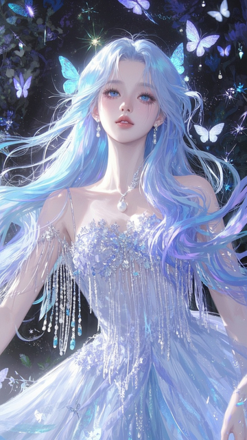 唯美蝴蝶长发少女手绘插画