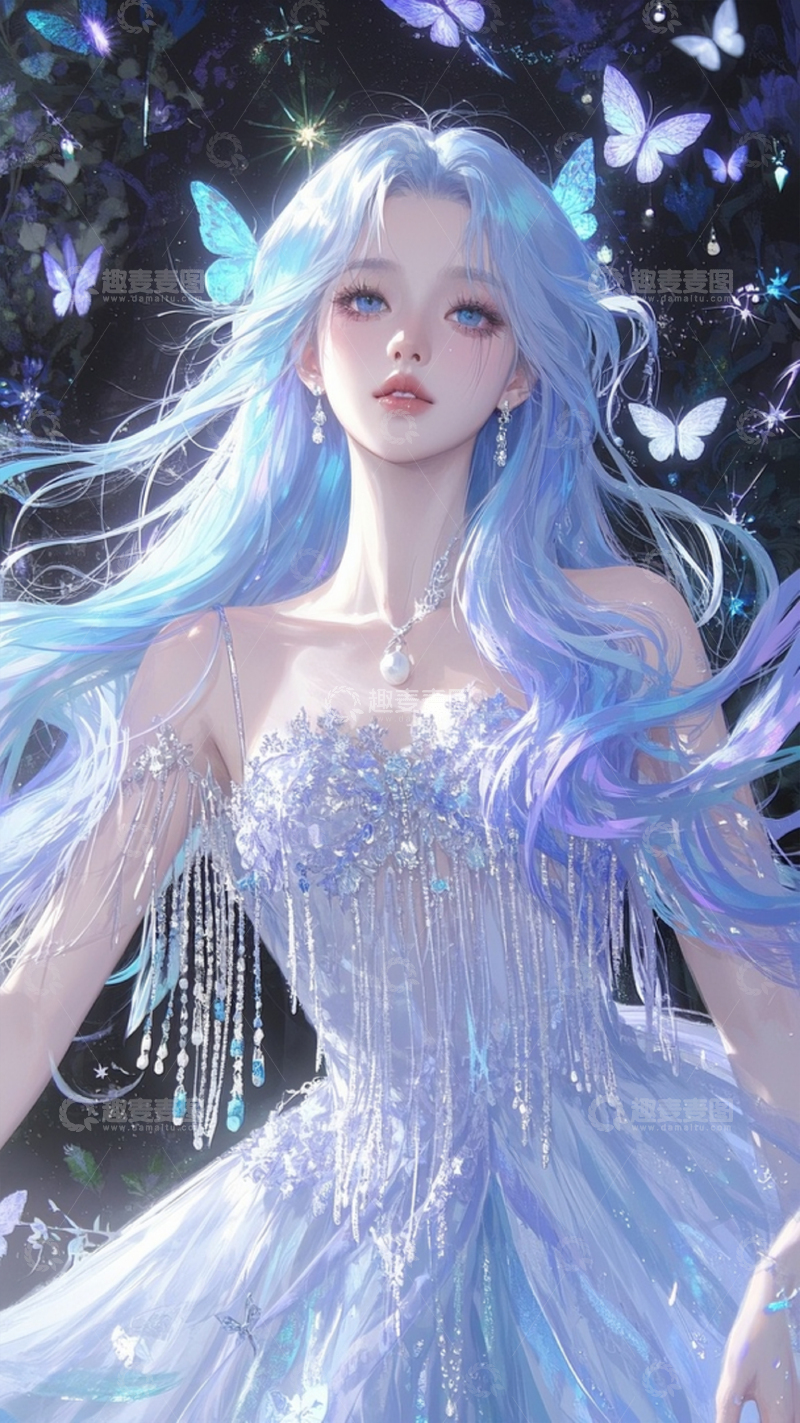 高清大图下载【趣麦麦图】唯美蝴蝶长发少女手绘插画