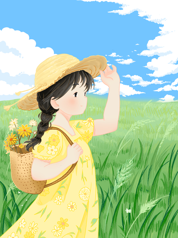 夏日下戴草帽的女孩