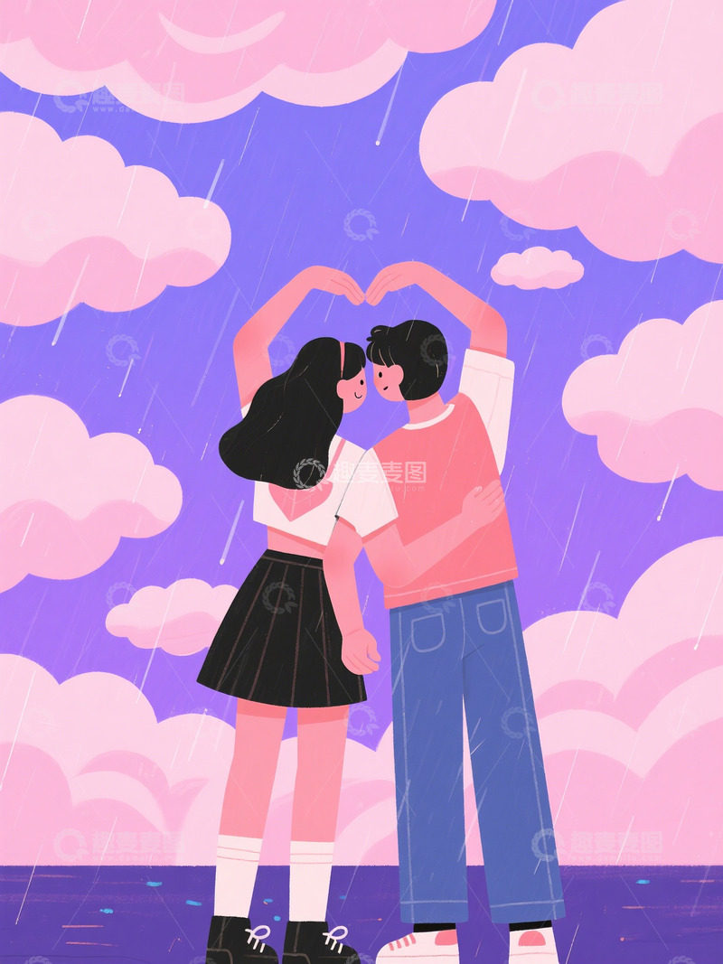 高清大图下载【趣麦麦图】AICG扁平风格紫色系情人节情侣比心插画