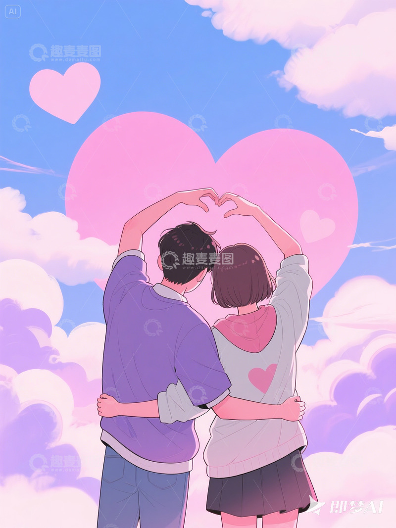高清大图下载【趣麦麦图】AICG粉色紫色系情人节情侣插画
