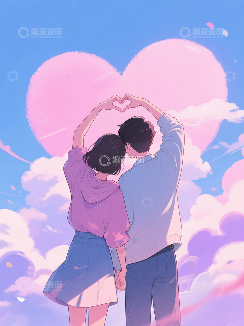 高清大图下载【趣麦麦图】AICG扁平风格粉色紫色系情人节情侣插画