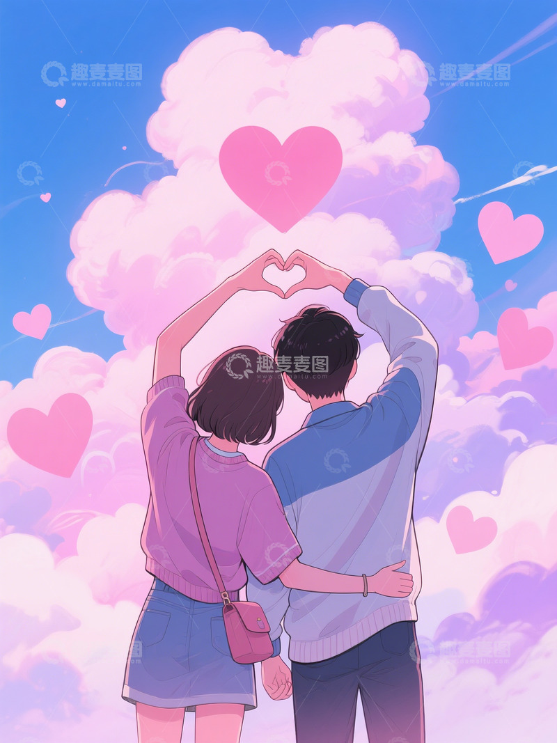 高清大图下载【趣麦麦图】AICG扁平风格粉色系情人节情侣比心插画