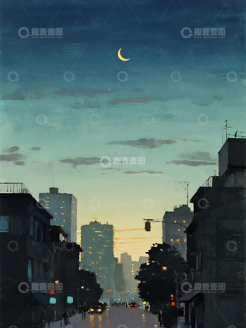 高清大图下载【趣麦麦图】AICG插画风格夜晚城市剪影3