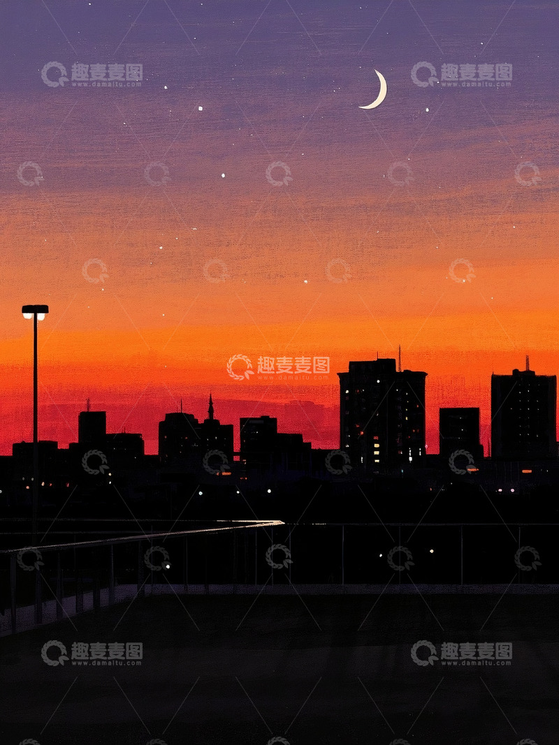高清大图下载【趣麦麦图】AICG插画风格夜晚城市剪影7