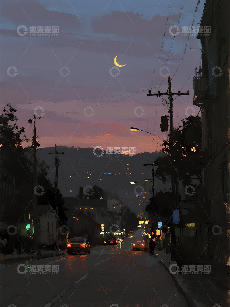 高清大图下载【趣麦麦图】AICG插画风格夜晚城市剪影1