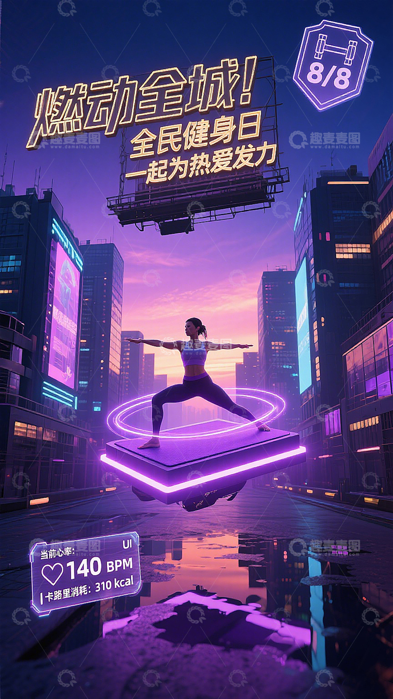 紫色全民健身日宣传海报素材