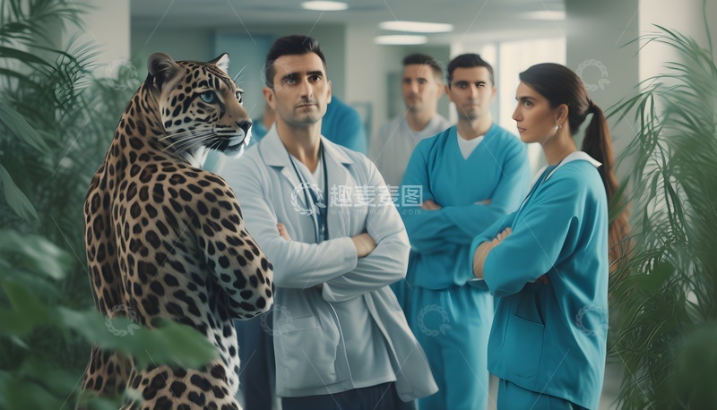 高清大图下载【趣麦麦图】豹子与医护 医院走廊对峙
