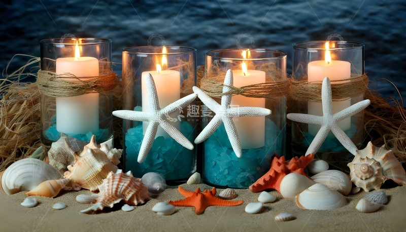 高清大图下载【趣麦麦图】海边烛台贝壳海星浪漫