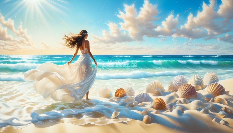高清大图下载【趣麦麦图】海边漫步白裙女子手绘