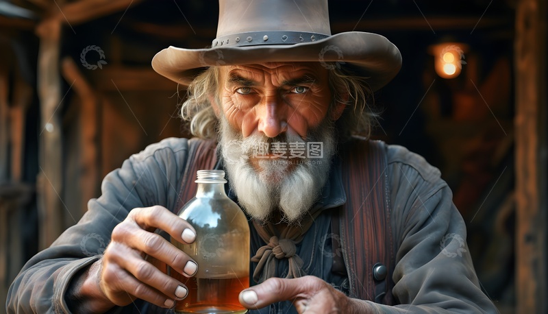 高清大图下载【趣麦麦图】老牛仔手持酒瓶凝重像
