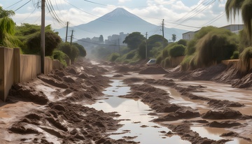 泥泞道路远眺锥形山峰