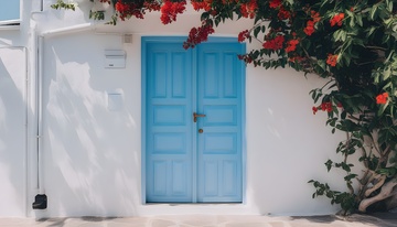 白墙蓝门红花静谧角落