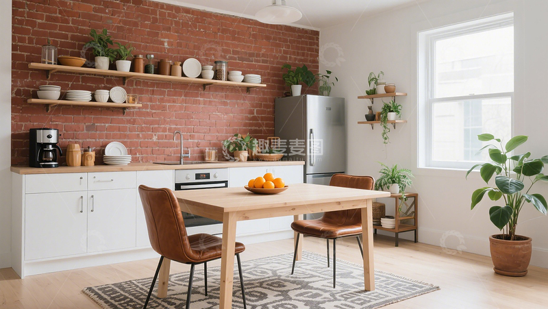 高清大图下载【趣麦麦图】工业风混搭开放式厨房餐厅红砖墙原木餐桌
