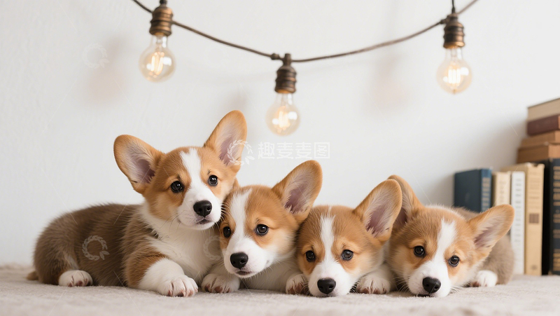 高清大图下载【趣麦麦图】柯基萌宝团四只柯基幼犬排排趴棕白毛发