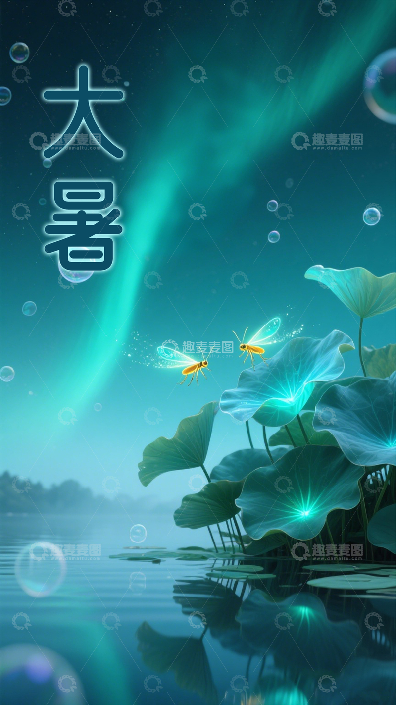 源文件下载【趣麦麦图】蓝绿夏日夜晚荷叶萤火虫大暑节气海报1