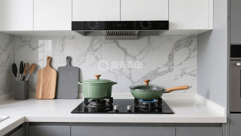 高清大图下载【趣麦麦图】整洁简约厨房场景现代风大理石墙灶台厨具