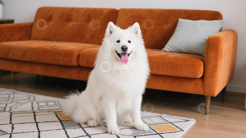 高清大图下载【趣麦麦图】萌宠摄影萨摩耶坐地毯蓬松白毛吐舌微笑