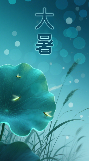 蓝绿夏日夜晚荷叶萤火虫大暑节气海报