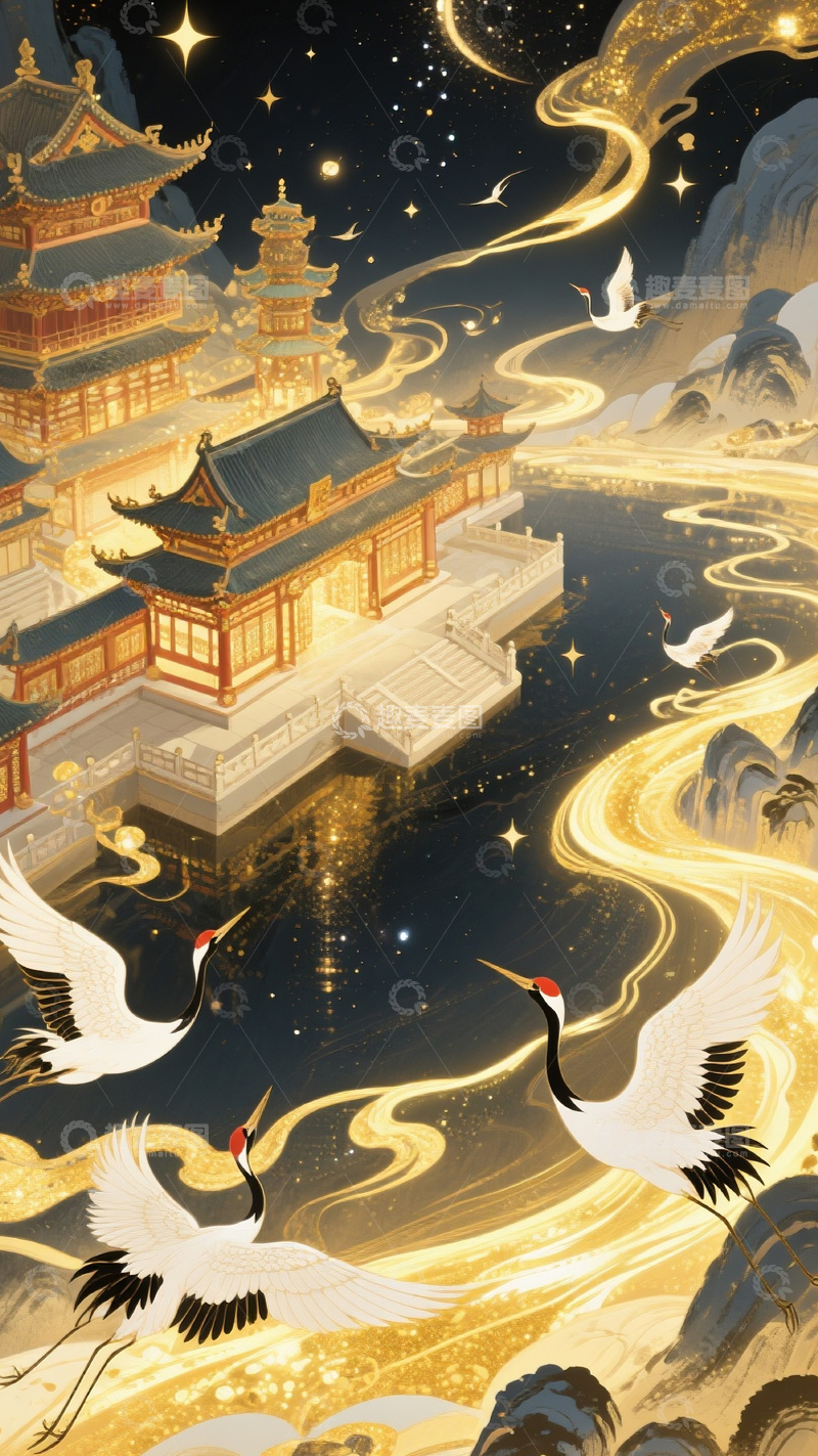 高清大图下载【趣麦麦图】古风奇幻中式古建筑星空仙鹤插画素材