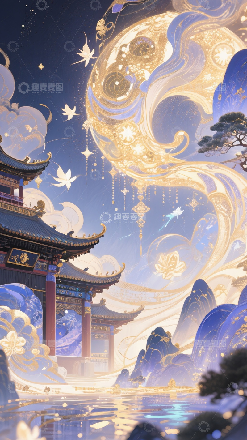 国风鎏金中式古建筑夜景奇幻插画素材