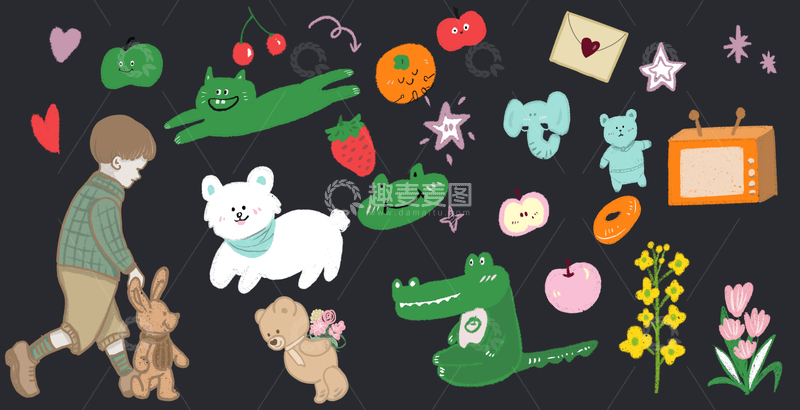 复古免扣可爱手绘psd素材