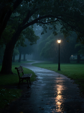 下雨天，晚上，公园里幽静的小路