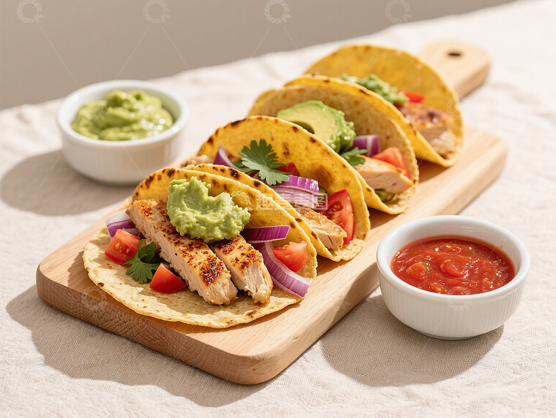 高清大图下载【趣麦麦图】木盘上摆墨西哥多彩塔可鳄梨酱salsa酱