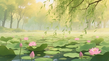 柳下荷池晨韵壁纸